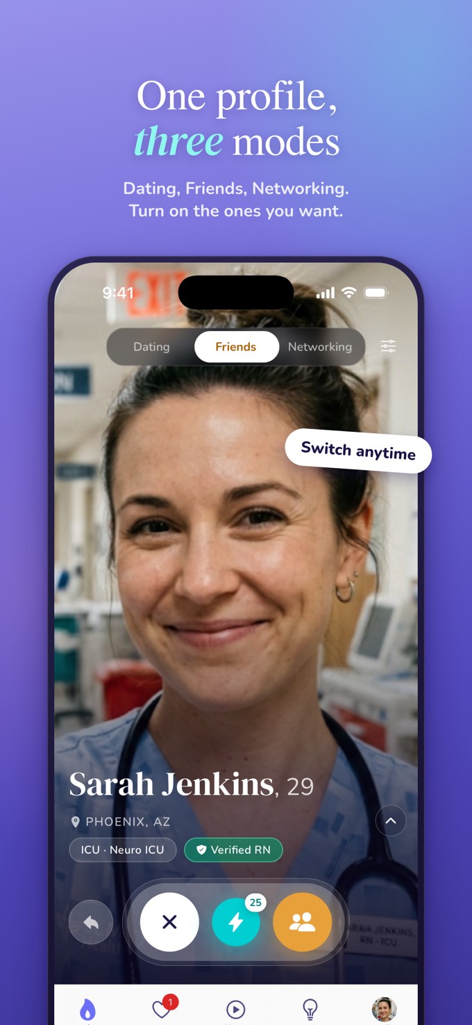 One profile, three modes. Sarah Jenkins, a Verified RN, in Friends mode.